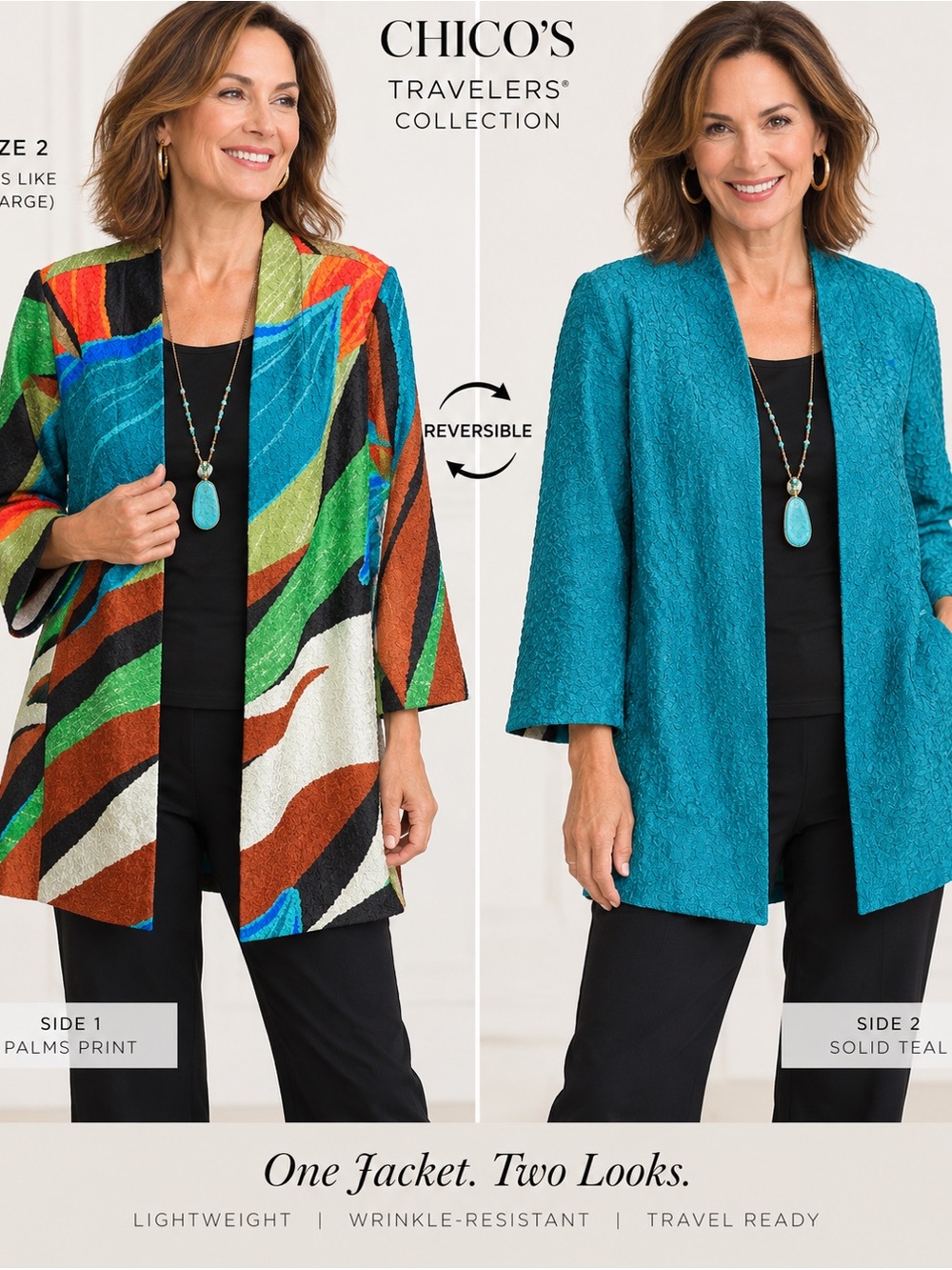 Chico’s Travelers Palms Reversible Crushed Jacket Size 2 L NWT